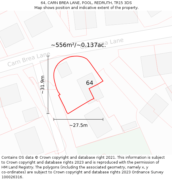64, CARN BREA LANE, POOL, REDRUTH, TR15 3DS: Plot and title map