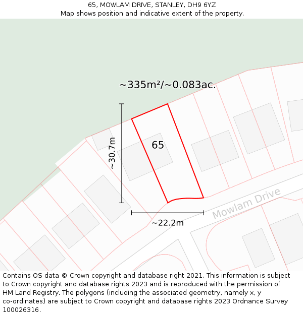 65, MOWLAM DRIVE, STANLEY, DH9 6YZ: Plot and title map