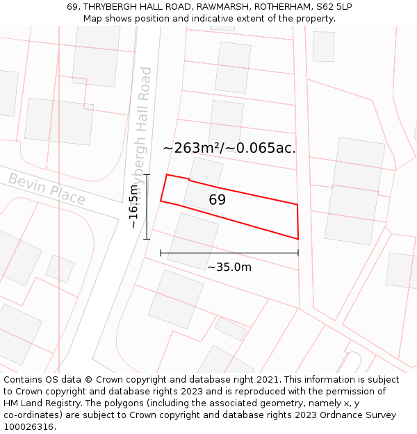 69, THRYBERGH HALL ROAD, RAWMARSH, ROTHERHAM, S62 5LP: Plot and title map