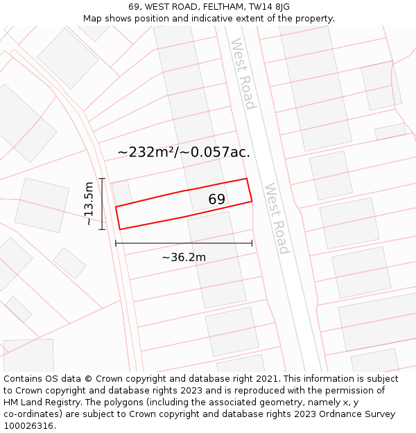 69, WEST ROAD, FELTHAM, TW14 8JG: Plot and title map