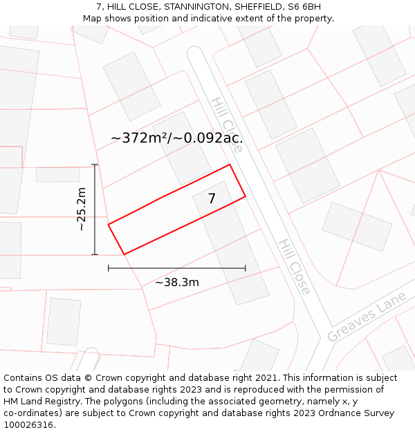 7, HILL CLOSE, STANNINGTON, SHEFFIELD, S6 6BH: Plot and title map