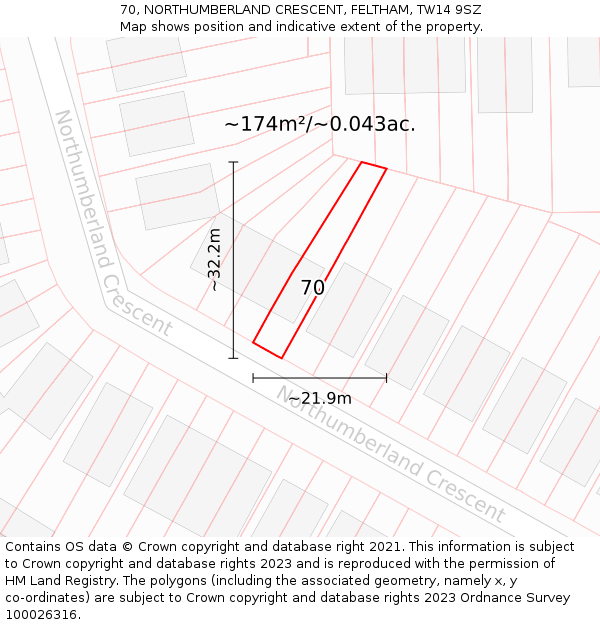 70, NORTHUMBERLAND CRESCENT, FELTHAM, TW14 9SZ: Plot and title map
