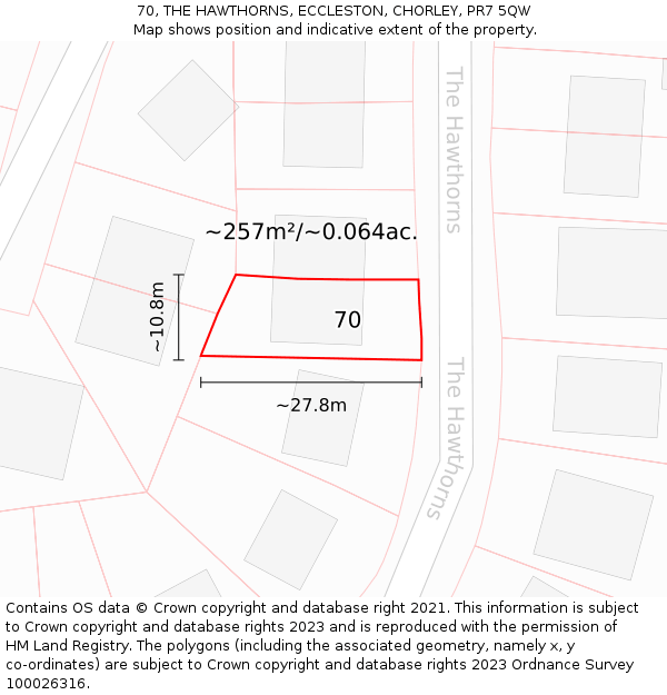 70, THE HAWTHORNS, ECCLESTON, CHORLEY, PR7 5QW: Plot and title map