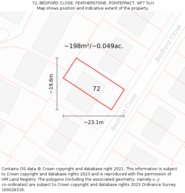 72, BEDFORD CLOSE, FEATHERSTONE, PONTEFRACT, WF7 5LH: Plot and title map