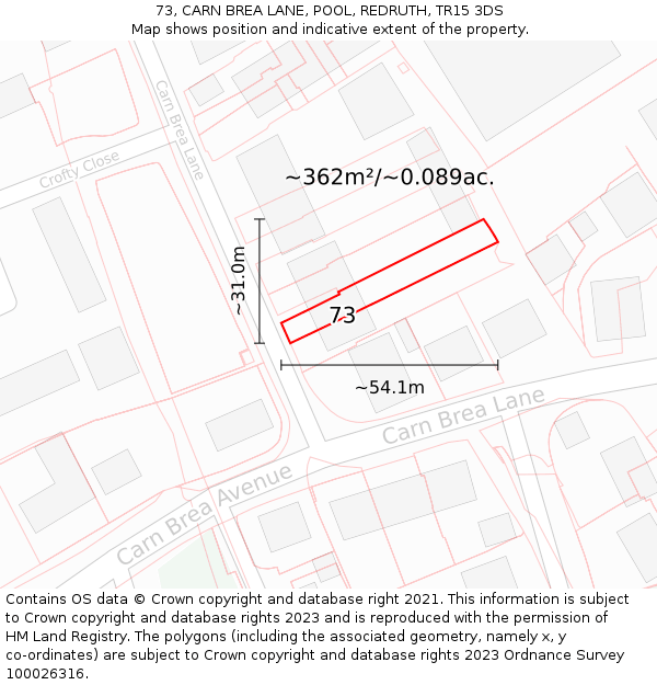 73, CARN BREA LANE, POOL, REDRUTH, TR15 3DS: Plot and title map