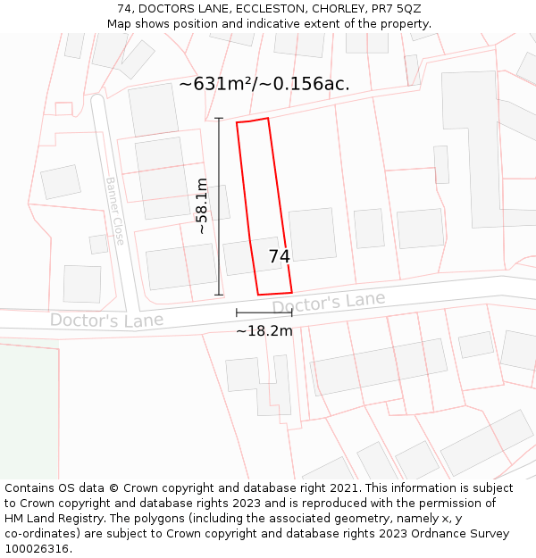 74, DOCTORS LANE, ECCLESTON, CHORLEY, PR7 5QZ: Plot and title map