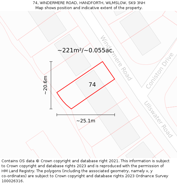 74, WINDERMERE ROAD, HANDFORTH, WILMSLOW, SK9 3NH: Plot and title map