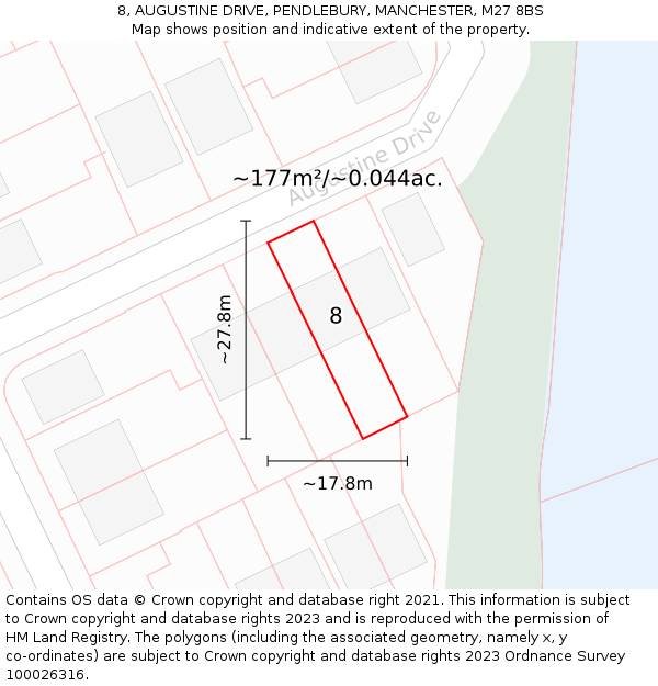 8, AUGUSTINE DRIVE, PENDLEBURY, MANCHESTER, M27 8BS: Plot and title map