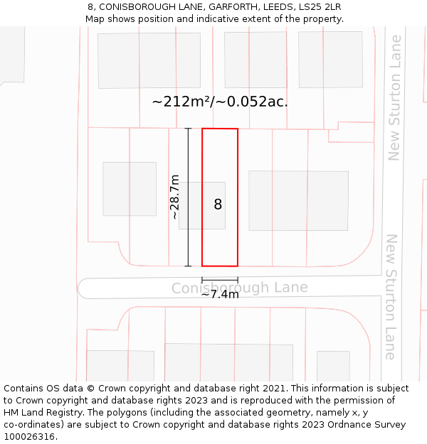 8, CONISBOROUGH LANE, GARFORTH, LEEDS, LS25 2LR: Plot and title map