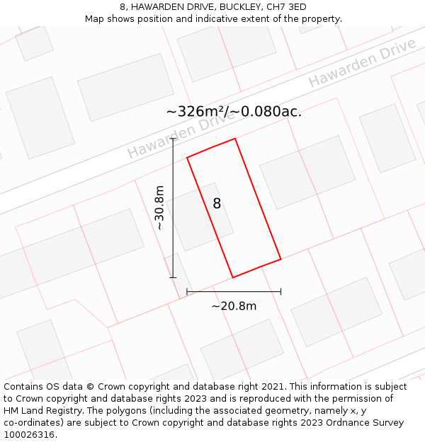 8, HAWARDEN DRIVE, BUCKLEY, CH7 3ED: Plot and title map