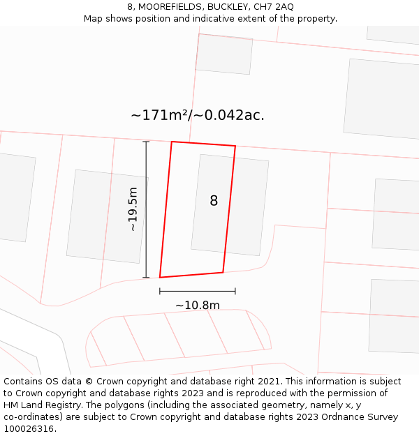 8, MOOREFIELDS, BUCKLEY, CH7 2AQ: Plot and title map
