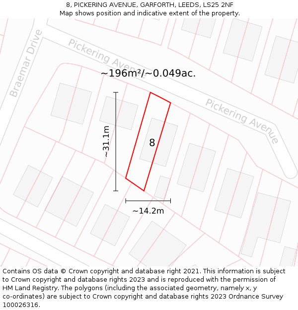8, PICKERING AVENUE, GARFORTH, LEEDS, LS25 2NF: Plot and title map