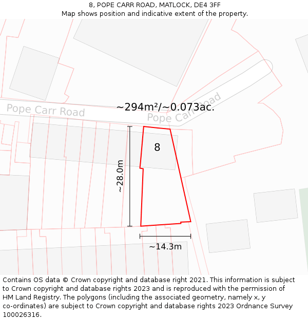 8, POPE CARR ROAD, MATLOCK, DE4 3FF: Plot and title map