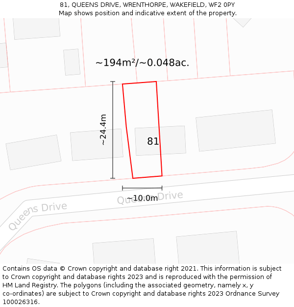 81, QUEENS DRIVE, WRENTHORPE, WAKEFIELD, WF2 0PY: Plot and title map