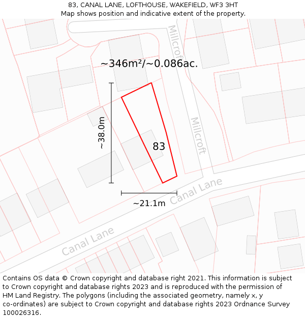 83, CANAL LANE, LOFTHOUSE, WAKEFIELD, WF3 3HT: Plot and title map
