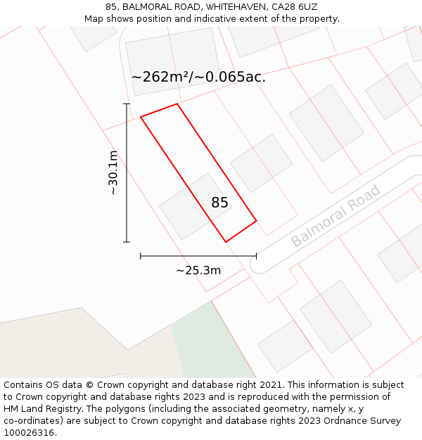 85, BALMORAL ROAD, WHITEHAVEN, CA28 6UZ: Plot and title map