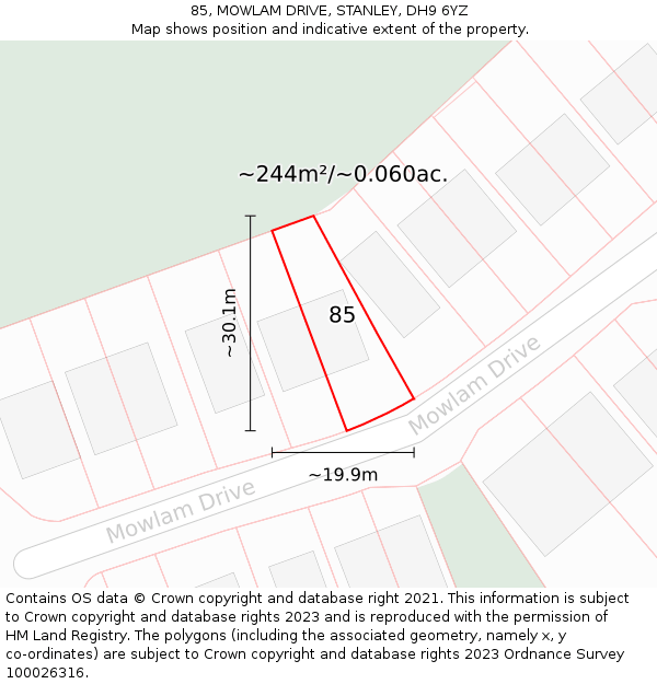 85, MOWLAM DRIVE, STANLEY, DH9 6YZ: Plot and title map