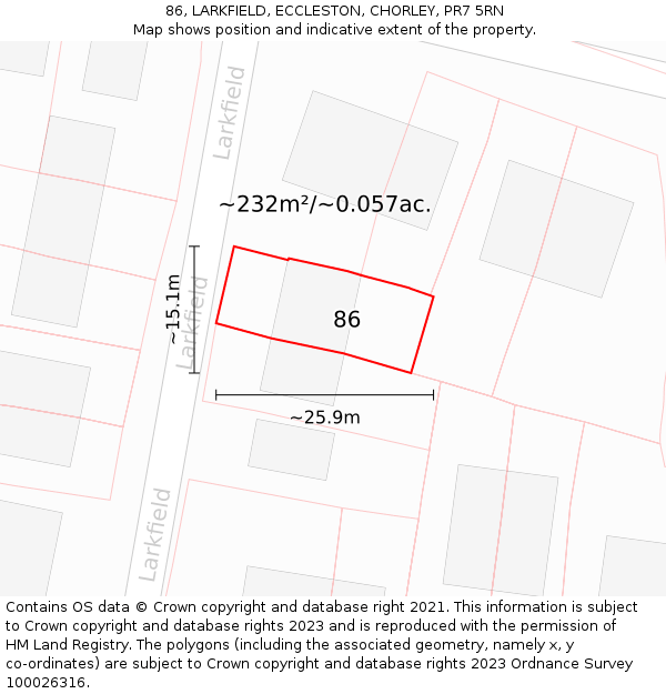 86, LARKFIELD, ECCLESTON, CHORLEY, PR7 5RN: Plot and title map