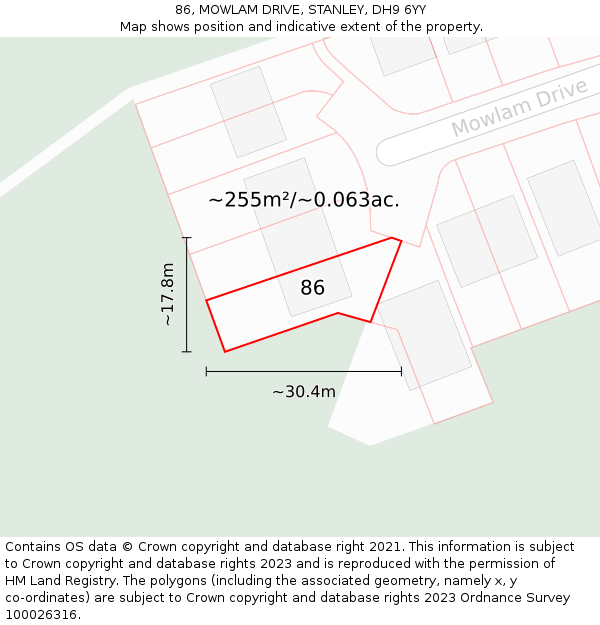 86, MOWLAM DRIVE, STANLEY, DH9 6YY: Plot and title map