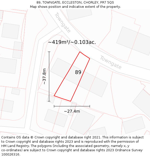 89, TOWNGATE, ECCLESTON, CHORLEY, PR7 5QS: Plot and title map