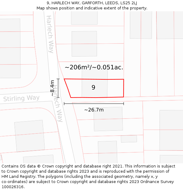 9, HARLECH WAY, GARFORTH, LEEDS, LS25 2LJ: Plot and title map