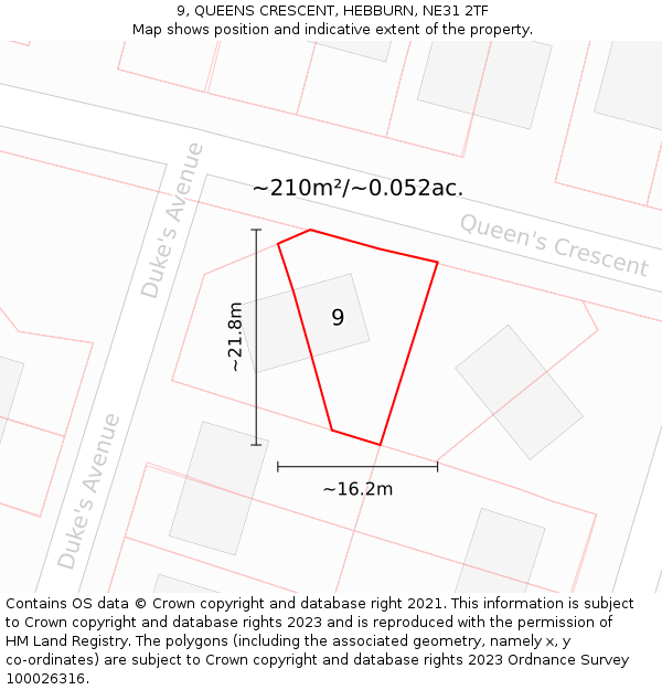 9, QUEENS CRESCENT, HEBBURN, NE31 2TF: Plot and title map