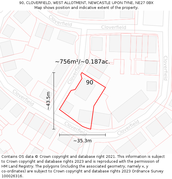 90, CLOVERFIELD, WEST ALLOTMENT, NEWCASTLE UPON TYNE, NE27 0BX: Plot and title map