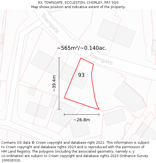 93, TOWNGATE, ECCLESTON, CHORLEY, PR7 5QS: Plot and title map