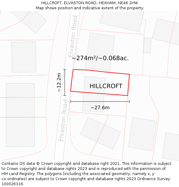 HILLCROFT, ELVASTON ROAD, HEXHAM, NE46 2HW: Plot and title map