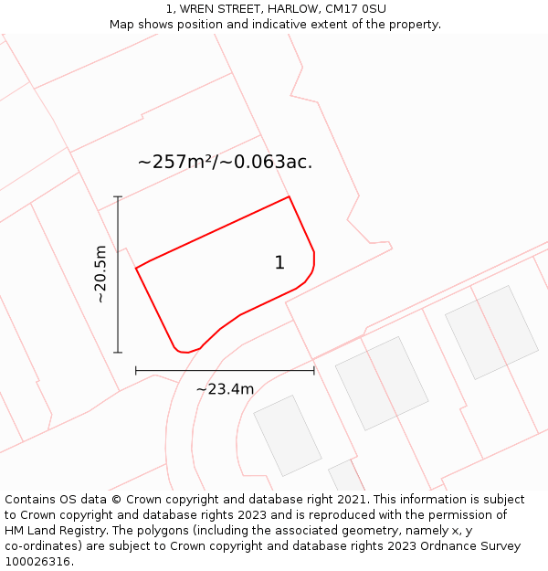 1, WREN STREET, HARLOW, CM17 0SU: Plot and title map
