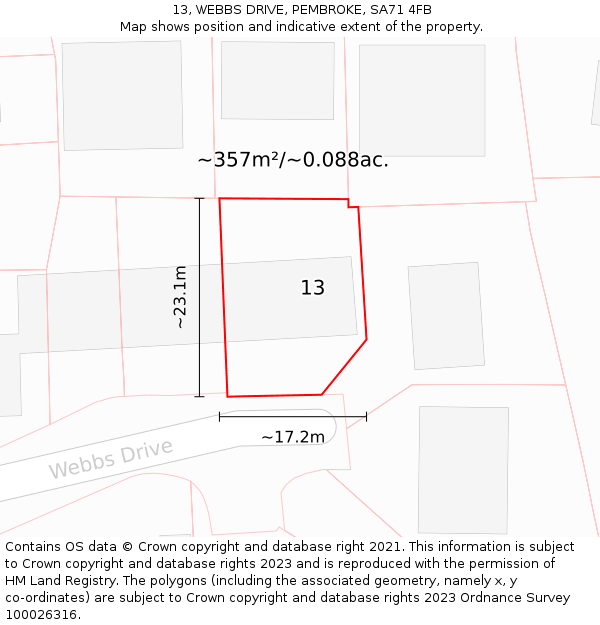 13, WEBBS DRIVE, PEMBROKE, SA71 4FB: Plot and title map