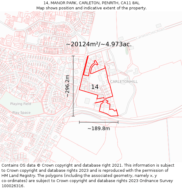 14, MANOR PARK, CARLETON, PENRITH, CA11 8AL: Plot and title map