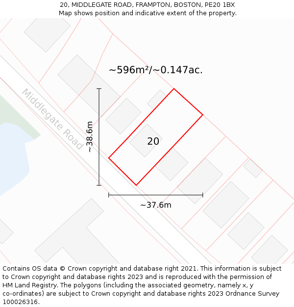 20, MIDDLEGATE ROAD, FRAMPTON, BOSTON, PE20 1BX: Plot and title map
