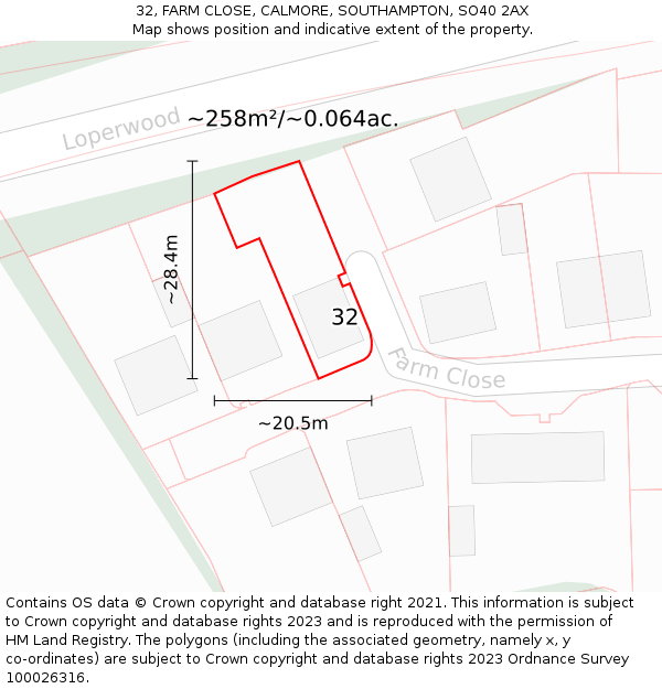32, FARM CLOSE, CALMORE, SOUTHAMPTON, SO40 2AX: Plot and title map