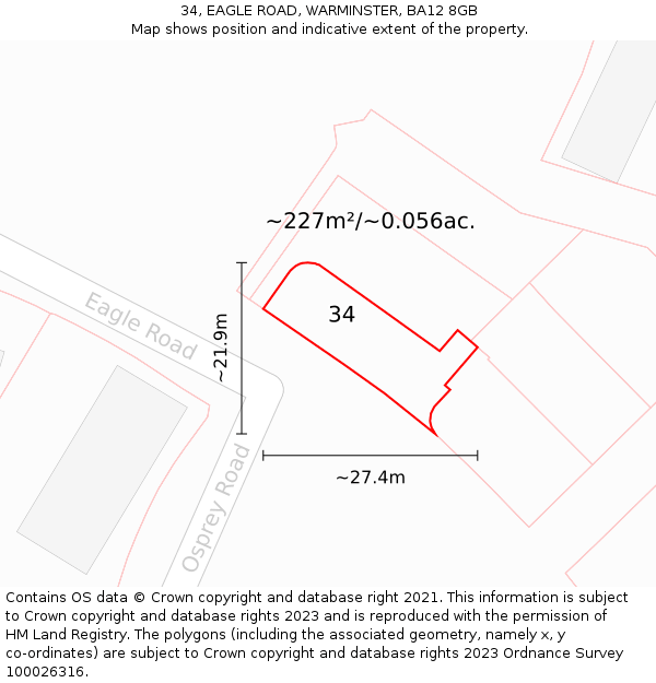 34, EAGLE ROAD, WARMINSTER, BA12 8GB: Plot and title map
