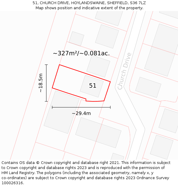51, CHURCH DRIVE, HOYLANDSWAINE, SHEFFIELD, S36 7LZ: Plot and title map