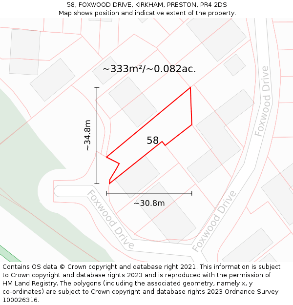 58, FOXWOOD DRIVE, KIRKHAM, PRESTON, PR4 2DS: Plot and title map
