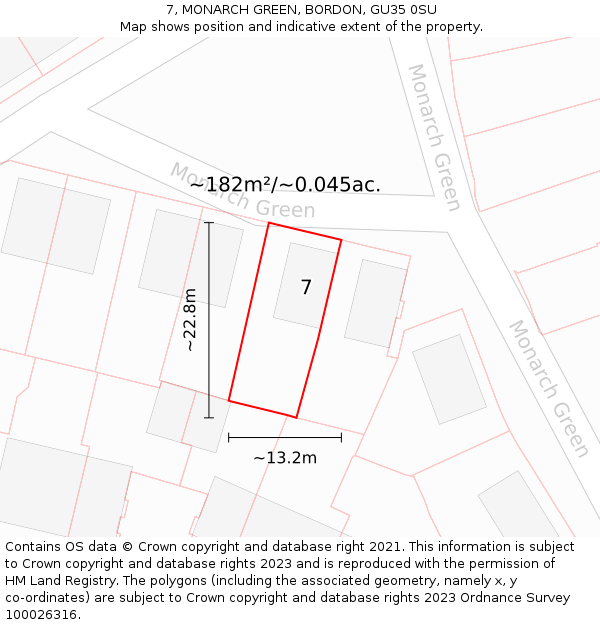 7, MONARCH GREEN, BORDON, GU35 0SU: Plot and title map
