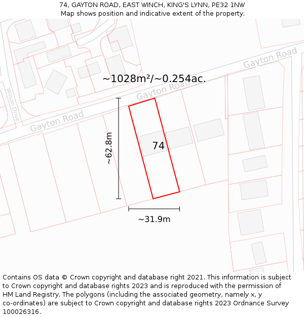 74, GAYTON ROAD, EAST WINCH, KING'S LYNN, PE32 1NW: Plot and title map