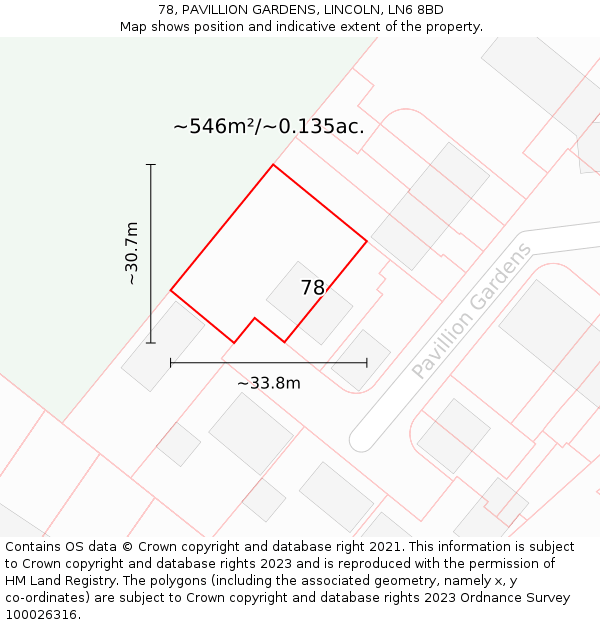 78, PAVILLION GARDENS, LINCOLN, LN6 8BD: Plot and title map