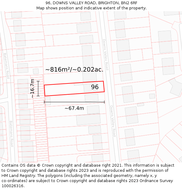 96, DOWNS VALLEY ROAD, BRIGHTON, BN2 6RF: Plot and title map