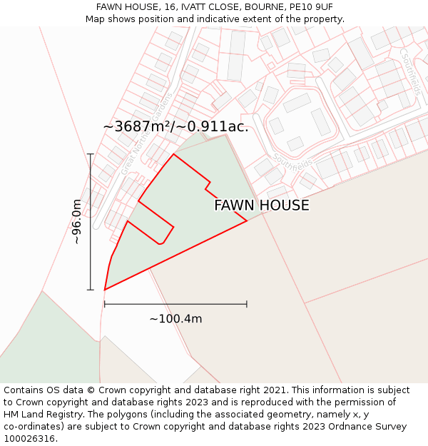 FAWN HOUSE, 16, IVATT CLOSE, BOURNE, PE10 9UF: Plot and title map
