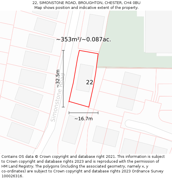 22, SIMONSTONE ROAD, BROUGHTON, CHESTER, CH4 0BU: Plot and title map
