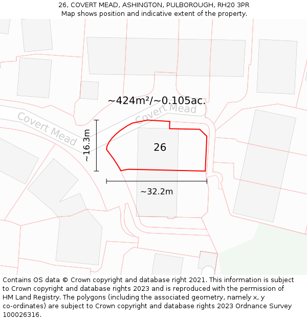 26, COVERT MEAD, ASHINGTON, PULBOROUGH, RH20 3PR: Plot and title map