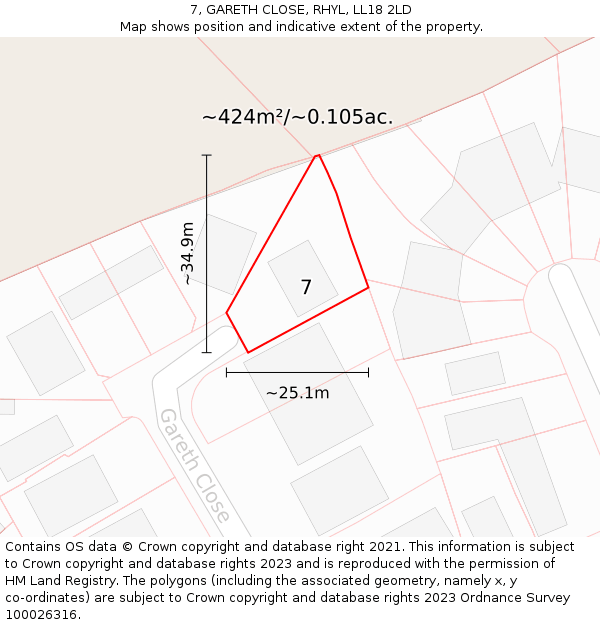 7, GARETH CLOSE, RHYL, LL18 2LD: Plot and title map