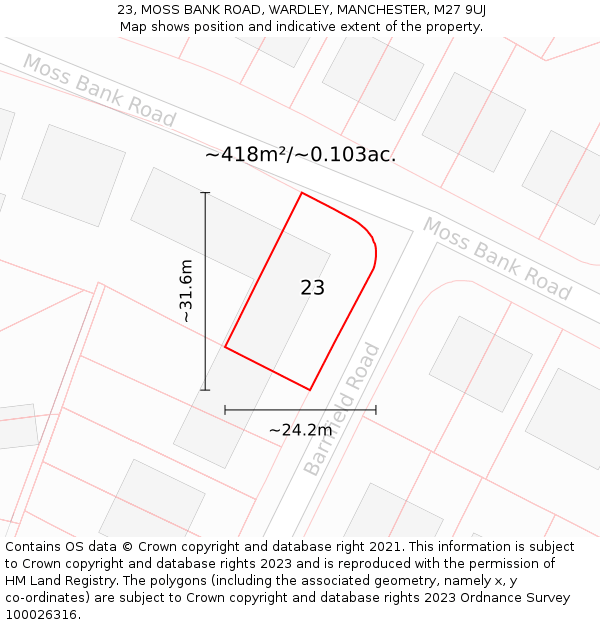 23, MOSS BANK ROAD, WARDLEY, MANCHESTER, M27 9UJ: Plot and title map