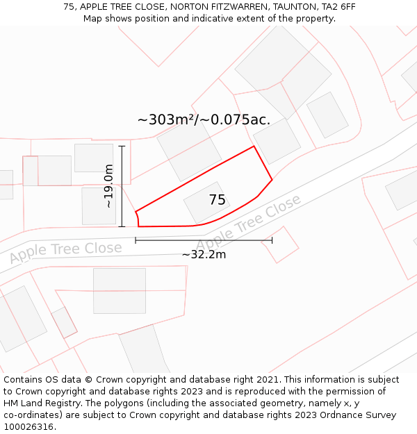 75, APPLE TREE CLOSE, NORTON FITZWARREN, TAUNTON, TA2 6FF: Plot and title map