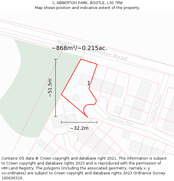 1, ABBERTON PARK, BOOTLE, L30 7RW: Plot and title map