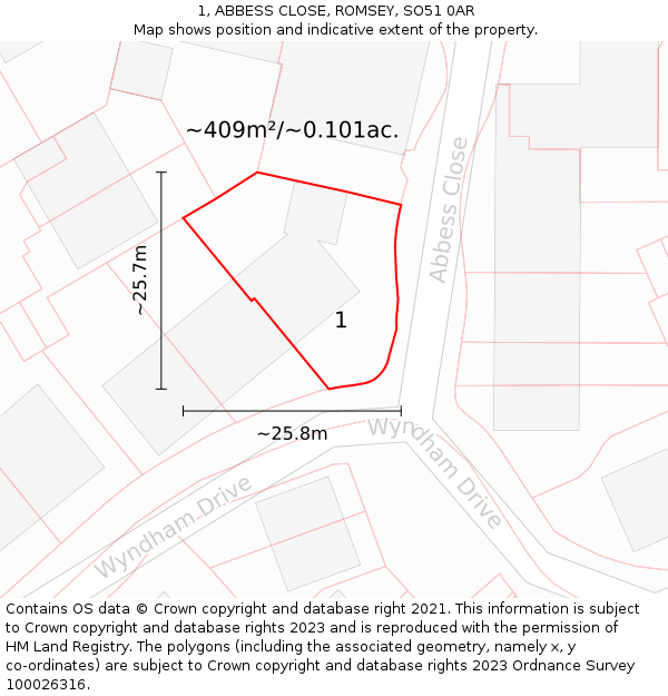 1, ABBESS CLOSE, ROMSEY, SO51 0AR: Plot and title map