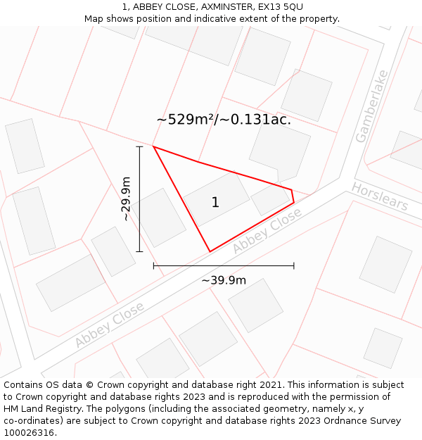 1, ABBEY CLOSE, AXMINSTER, EX13 5QU: Plot and title map